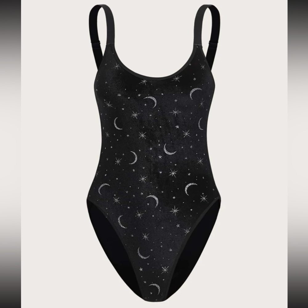Black Velvet Silver Moon Cut-Out Bodysuit